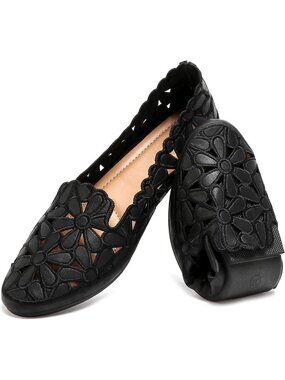 Women's Floral Ballet Flats Black Slip On PU Leather Round Toe Dress Shoes